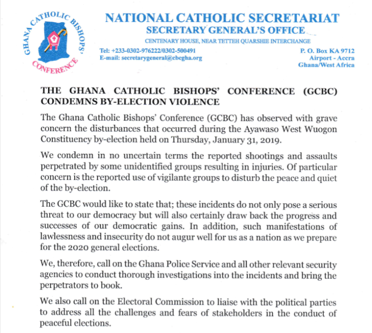 THE GHANA CATHOLIC BISHOPS’ CONFERENCE (GCBC) CONDEMNS BY-ELECTION VIOLENCE