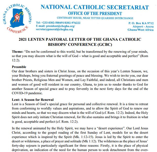 2021 Lenten Pastoral Letter